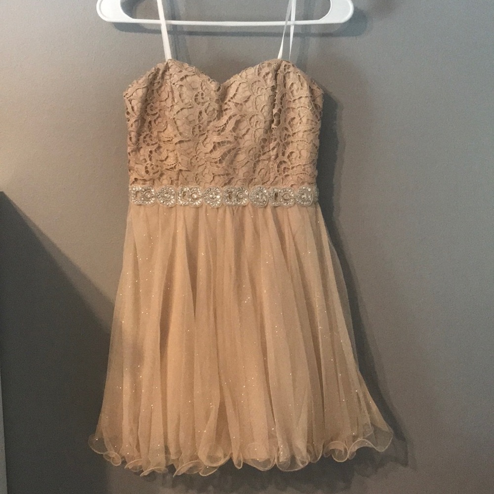 Strapless, shirt gold formal dress